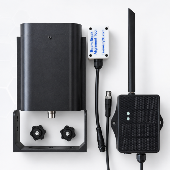 BB15 long-range beam-break sensor kit with mounting bracket, solar CPL03 telemetry node and audible alignment tool